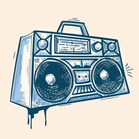 Téléchargez les illustrations : Monochrome hand drawn retro 80s musical boombox tape recorder - en licence libre de droit