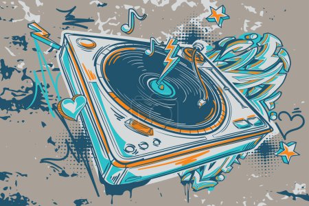 Téléchargez les illustrations : Drawn graffiti turntable colorful music design - en licence libre de droit