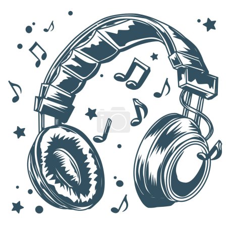 Ilustración de Drawn monochrome musical headphones with notes - Imagen libre de derechos