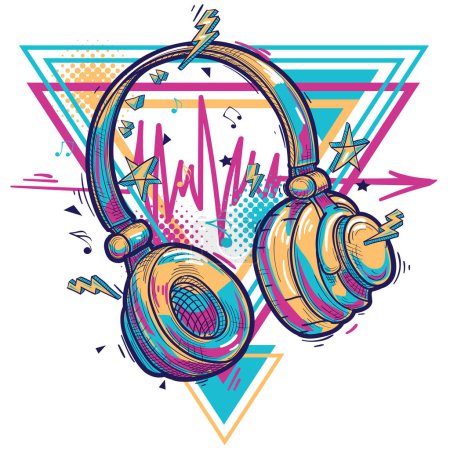 Ilustración de Music design - drawn colorful musical headphones and notes - Imagen libre de derechos