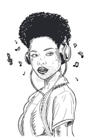 Téléchargez les illustrations : Drawn modern young girl in headphones listening to music, black and white musical design - en licence libre de droit