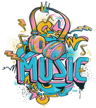 Téléchargez les illustrations : Conception musicale - coloré dessiné écouteurs funky et flèches graffiti - en licence libre de droit