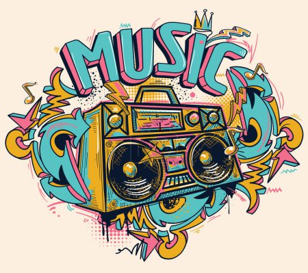 Illustration for Musical boom box tape recorder  with funky graffiti arrows background, hand drawn music design - Royalty Free Image