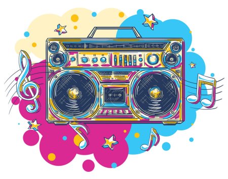 Téléchargez les illustrations : Conception musicale - enregistreur de bande dessinée colorée de boom box et notes de musique - en licence libre de droit