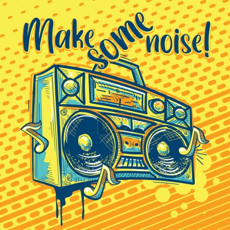 Téléchargez les illustrations : Faites du bruit - dessin musical coloré avec boombox et notes - en licence libre de droit