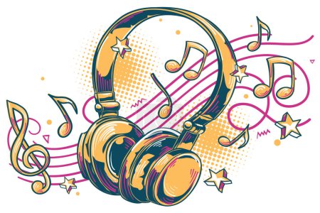 Photo for Music design - colorful drawn musical headphones and notes - Royalty Free Image