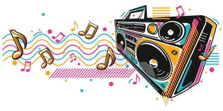 Photo for Music design - colorful boom box tape recorder and musical notes - Royalty Free Image