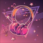 Music design - funky colorful musical headphones and notes