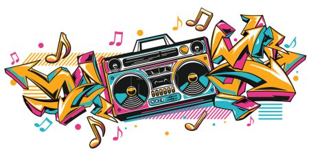 Photo for Musical boom box tape recorder  with colorful  funky graffiti arrows and notes - Royalty Free Image