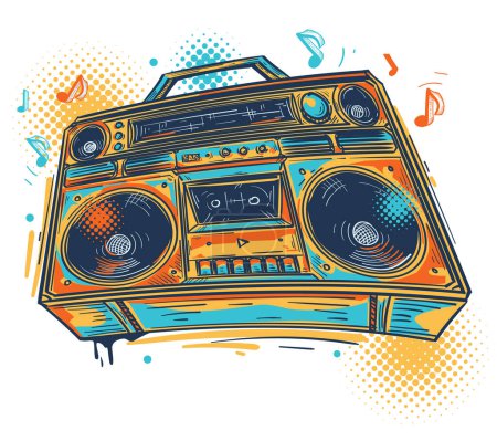 Photo for Music design - colorful drawn boom box tape recorder and musical notes - Royalty Free Image