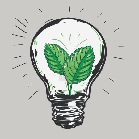 Téléchargez les illustrations : Ampoule dessinée aux feuilles vertes iside végétal - concept énergétique écologique - en licence libre de droit