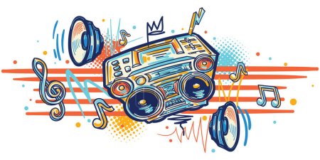 Photo for Music design - funky colorful drawn boom box tape recorder, speakers and musical notes - Royalty Free Image