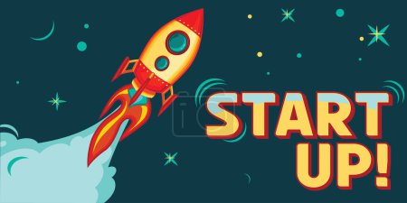 Photo for Start up - cartoon rocket launch to the stars - Royalty Free Image
