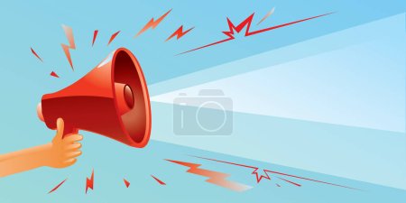 Photo for Human hand holds shouting megaphone - color advertising sign template - Royalty Free Image