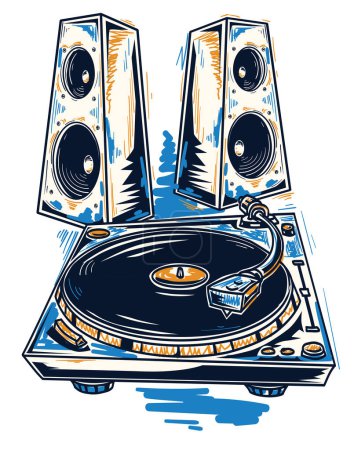 Photo for Drawn turntable with speakers, colorful drawn music design - Royalty Free Image