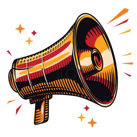 Téléchargez les illustrations : Colorful shouting broadcasting megaphone advertising sign - en licence libre de droit