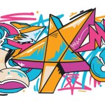 Drawn abstract graffiti arrows and stars colorful design background