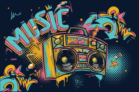 Illustration for Musical boom box tape recorder  with funky graffiti background, hand drawn music design - Royalty Free Image