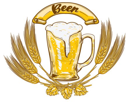 Téléchargez les illustrations : Verre de bière - emblème décoratif dessiné - en licence libre de droit