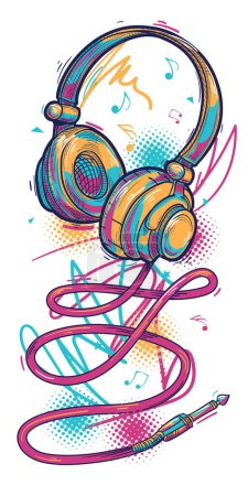 Téléchargez les illustrations : Music design - drawn colorful musical headphones and notes - en licence libre de droit