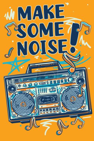 Ilustración de Hacer un poco de ruido - dibujado colorido diseño musical con boombox y notas - Imagen libre de derechos