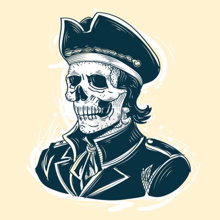 Ilustración de Scull dibujado a mano en sombrero tricornio almirante y uniforme militar vintage, mascota piratas - Imagen libre de derechos
