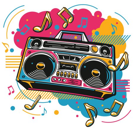 Ilustración de Music design - colorful boom box tape recorder and musical notes - Imagen libre de derechos