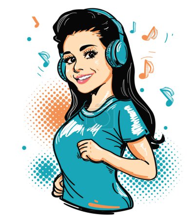 Photo for Cartoon drawn young beautiful sportive woman listening music with headphones - Royalty Free Image