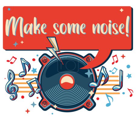 Téléchargez les illustrations : Faites du bruit - haut-parleur coloré avec notes de musique, design musical - en licence libre de droit