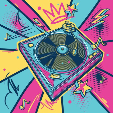 Téléchargez les illustrations : Plaque tournante dessinée colorée et notes musicales, design musical funky - en licence libre de droit