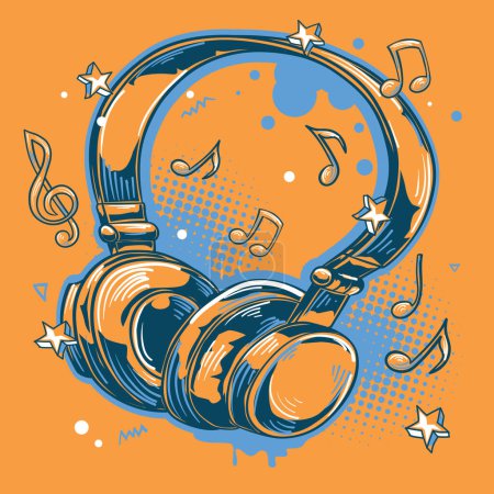 Photo for Music design - drawn colorful musical headphones and notes - Royalty Free Image