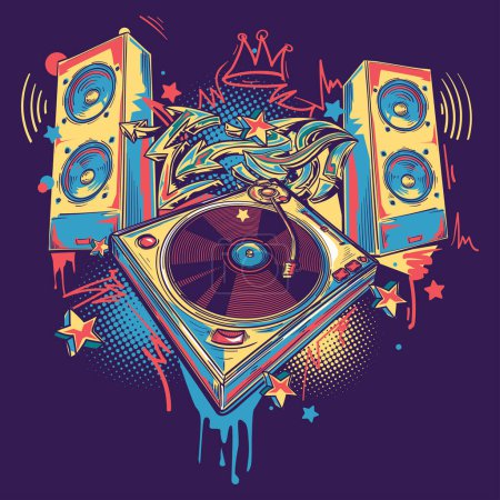 Illustration for Musical turntable and speakers with graffiti arrows, colorful funky music design - Royalty Free Image