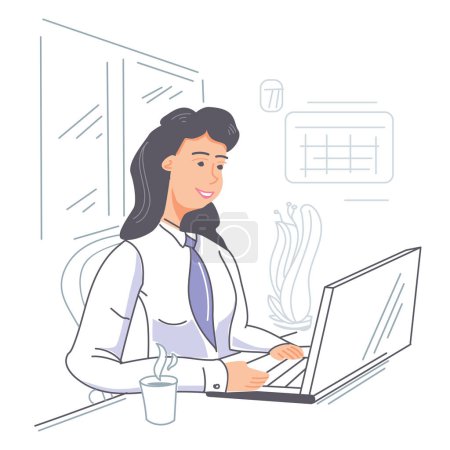 Photo for Happy successful woman work online on laptop, flat illustration of a girl working at office, sitting at desk and using notebook - Royalty Free Image