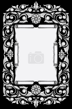 Illustration for Decorative monochrome ornate retro floral scroll blank frame - Royalty Free Image