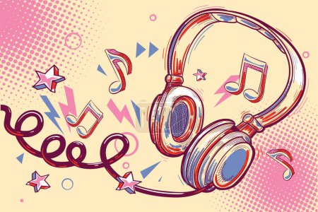 Photo for Funky colorful drawn headphones and musical notes, music design - Royalty Free Image
