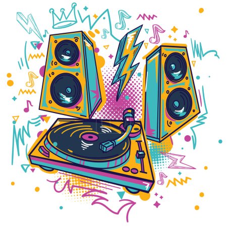 Musical turntable and speakers drawn colorful music design