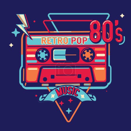 Téléchargez les illustrations : Musique pop rétro - design musical emblématique coloré avec cassette audio - en licence libre de droit