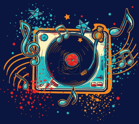 Illustration for Drawn funky colorful turntable graffiti - music design - Royalty Free Image
