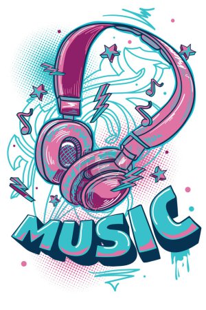 Photo for Funky colorful drawn headphones and musical notes, music design - Royalty Free Image