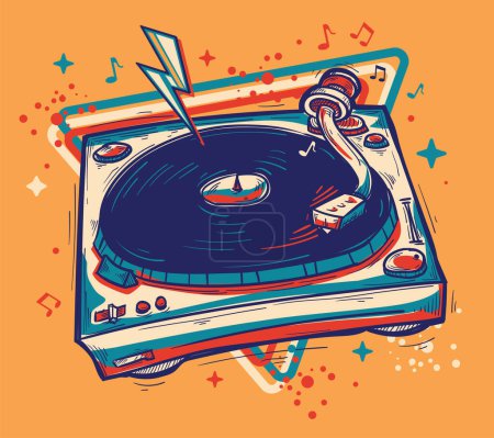 Illustration for Drawn vinyl records turntable and musical notes, colorful music design - Royalty Free Image