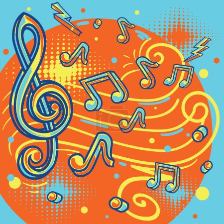Illustration for Musical melody - drawn colorful clef and notes decorative design - Royalty Free Image