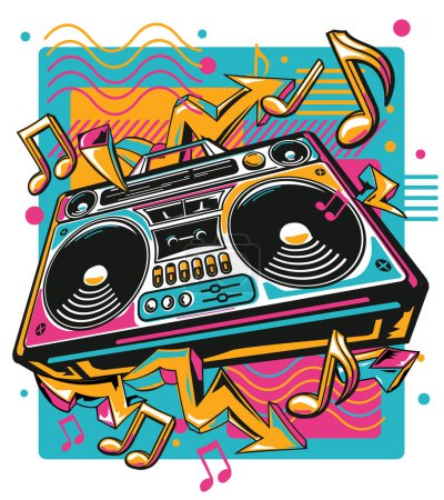 Téléchargez les illustrations : Magnétophone musical avec flèches et notes funky graffiti coloré - en licence libre de droit