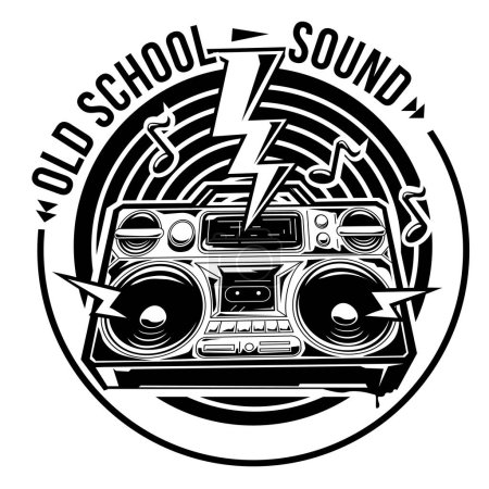 Téléchargez les illustrations : Old school sound - noir et blanc boom box magnétophone musique emblème - en licence libre de droit