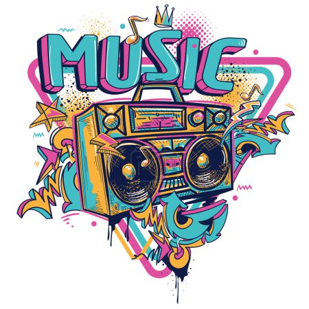 Téléchargez les illustrations : Emblème musical - enregistreur de bande de boom funky avec des flèches et des notes abstraites colorées graffiti - en licence libre de droit