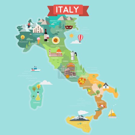 Illustration for Italy tourist map with regions. Tourist and travel landmarks. - Royalty Free Image