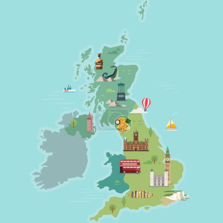 Ilustración de Mapa de Gran Bretaña, Reino Unido con monumentos famosos. - Imagen libre de derechos