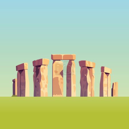 Téléchargez les illustrations : Monument aux pierres de Stonehenge. Affiche de voyage. Illustration style plat. - en licence libre de droit