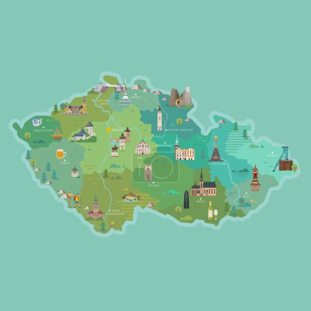 Téléchargez les illustrations : Carte de République tchèque, Carte stylisée avec les villes et monuments. - en licence libre de droit