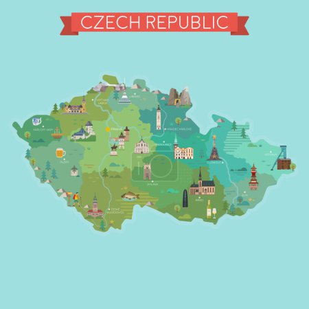 Karte der Tschechischen Republik, Stilisierte Karte mit Städten und Sehenswürdigkeiten.