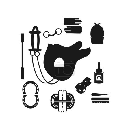 Illustration for Equestrian sport items horse riding essentials and horse grooming tools - Royalty Free Image